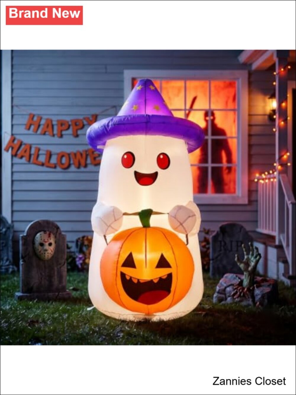 👻 5 FT Halloween Inflatable Ghost with Pumpkin, Built-in 2 LEDs Outdoor Yard